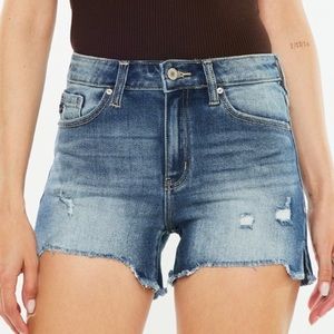 NEW Kancan Canyon Dark Wash High Waisted Slit Raw Hem Denim Shorts